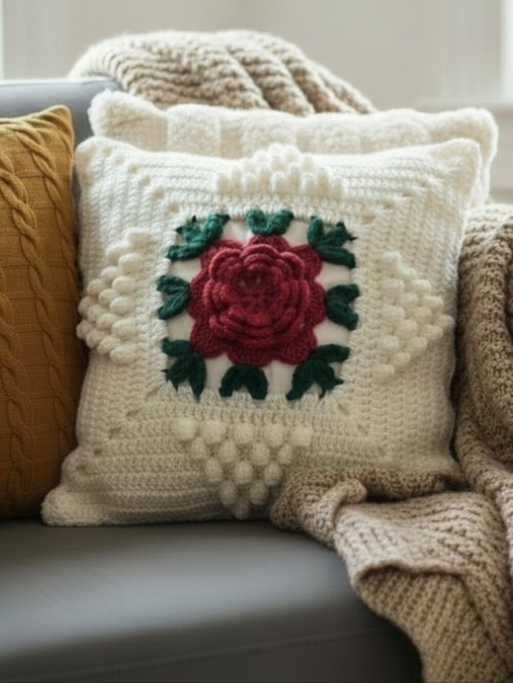 Vintage-Style 3D Rose Granny Square White Crochet Throw Pillow 14x14